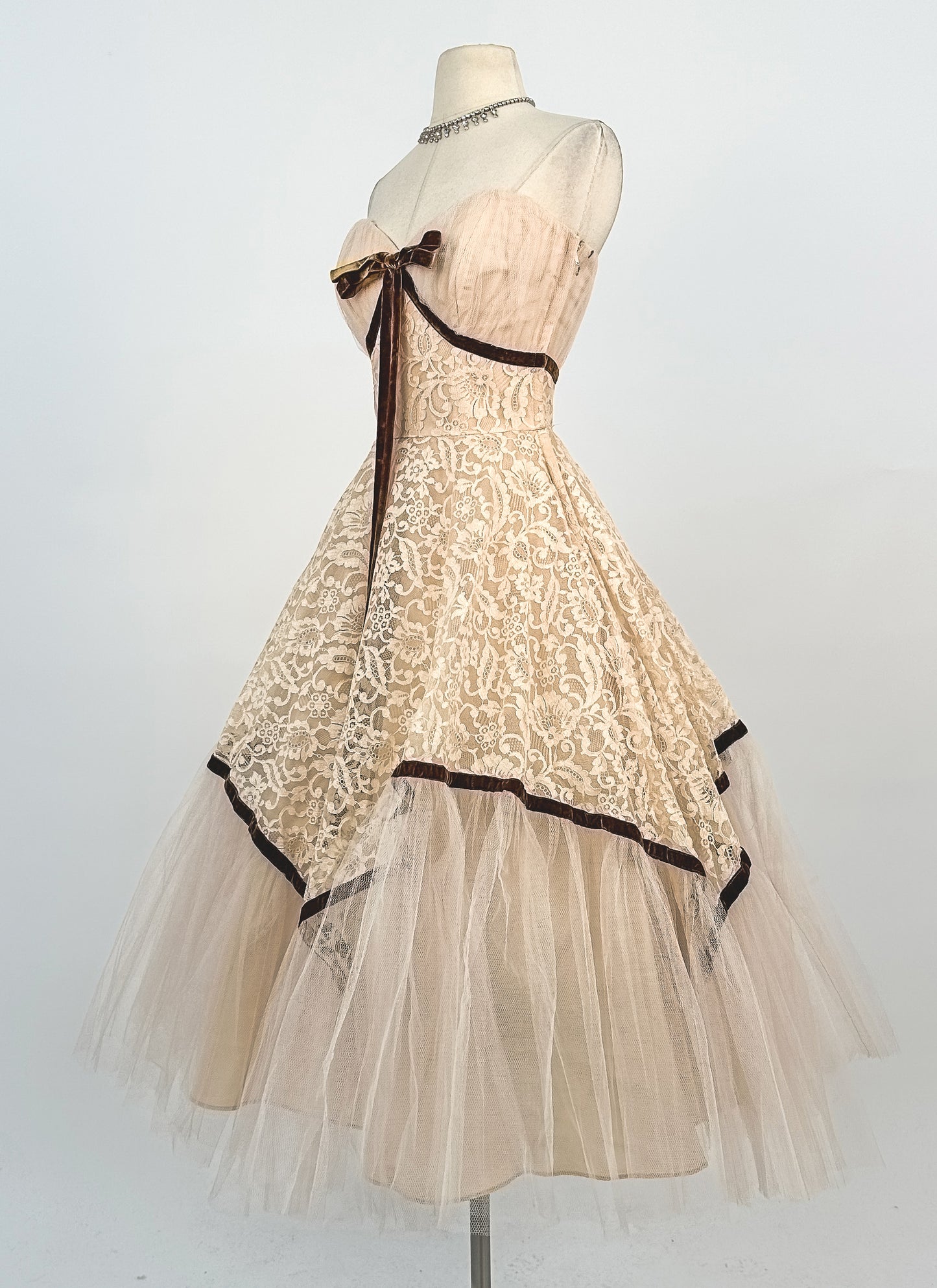 1950s Swoon Worthy Champagne Lace and Tulle Gown / Waist 26