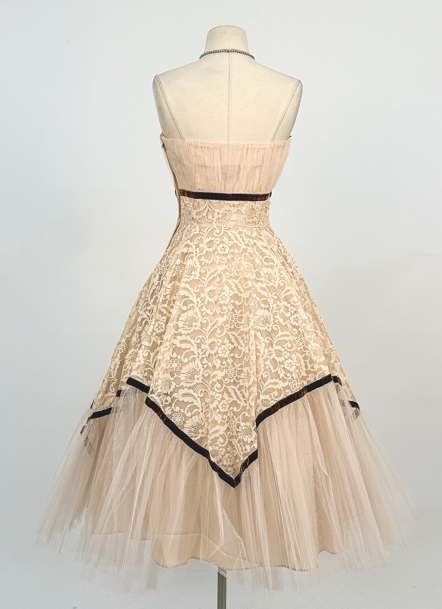 1950s Swoon Worthy Champagne Lace and Tulle Gown / Waist 26