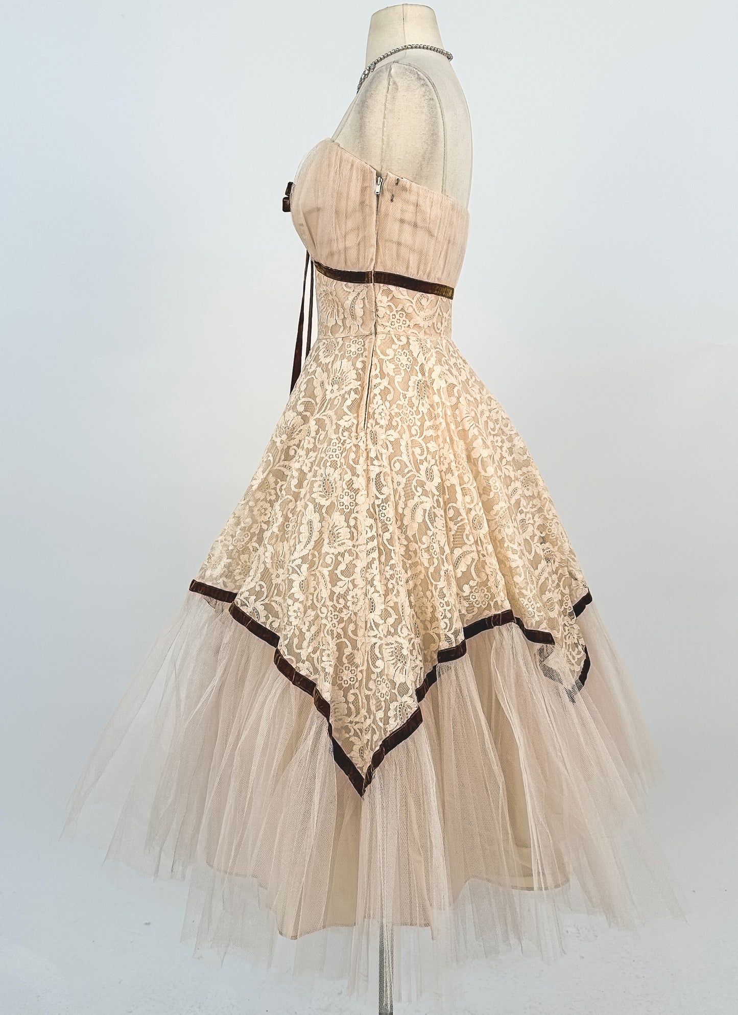 1950s Swoon Worthy Champagne Lace and Tulle Gown / Waist 26