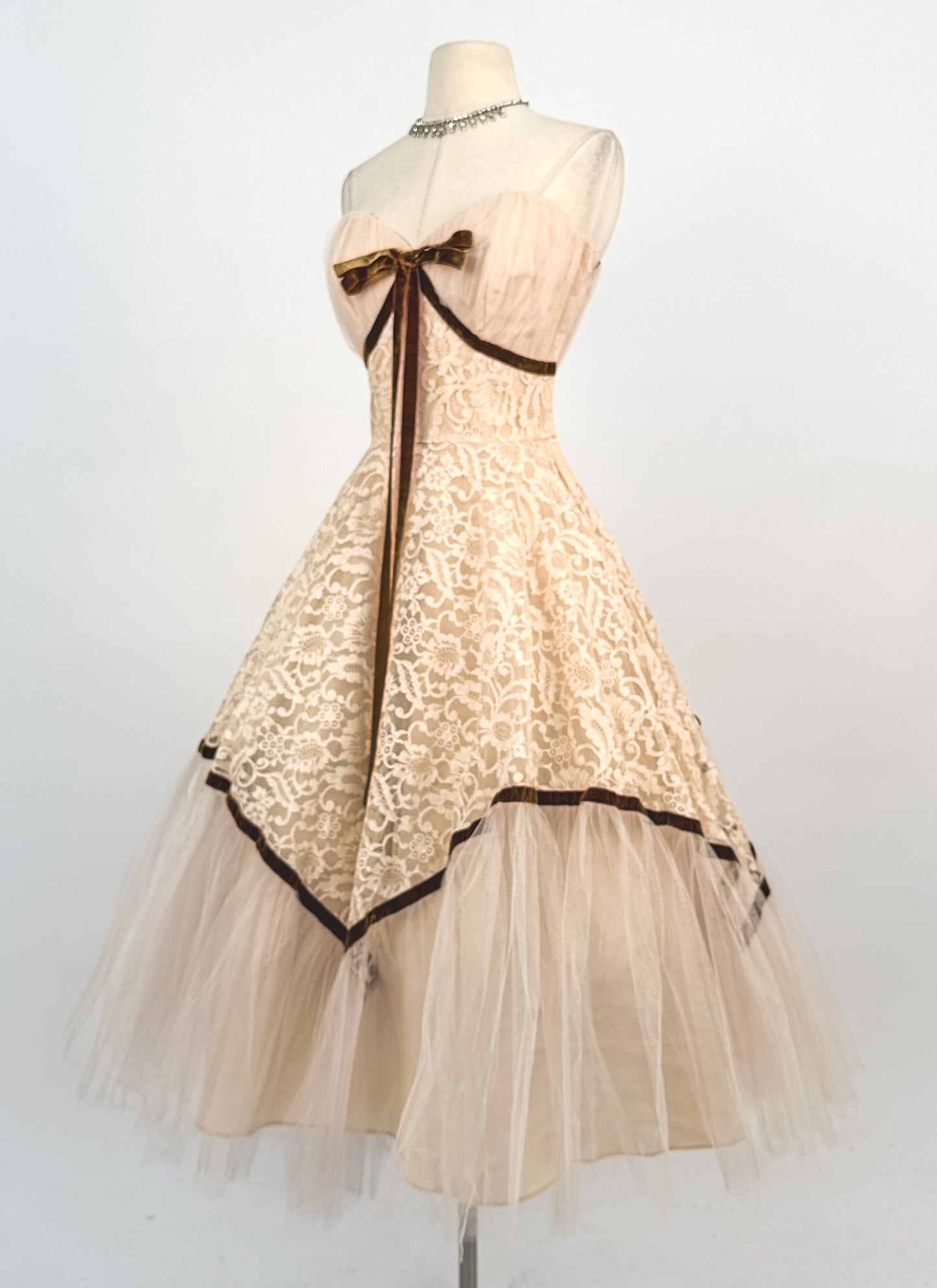 1950s Swoon Worthy Champagne Lace and Tulle Gown / Waist 26