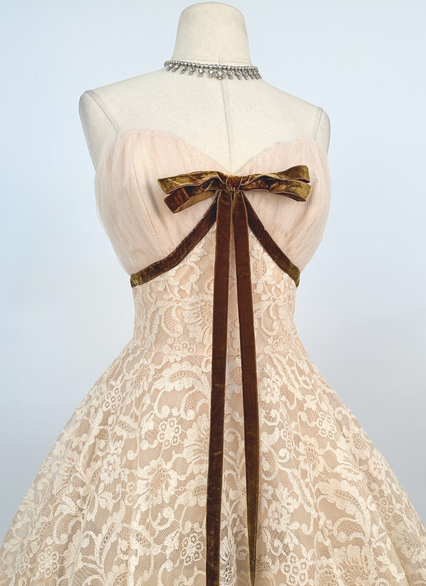 1950s Swoon Worthy Champagne Lace and Tulle Gown / Waist 26