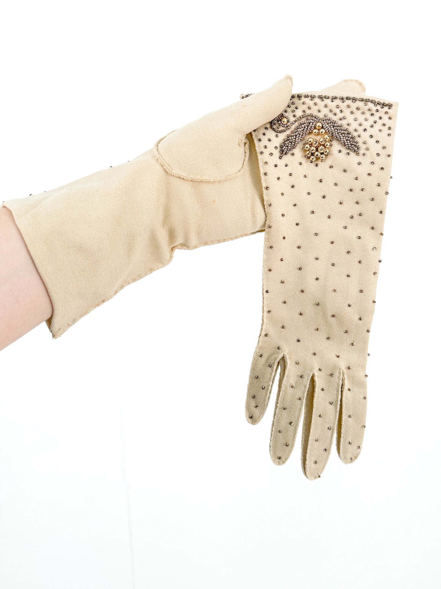 1950s Taupe Beaded Gloves / Size 7 1/2