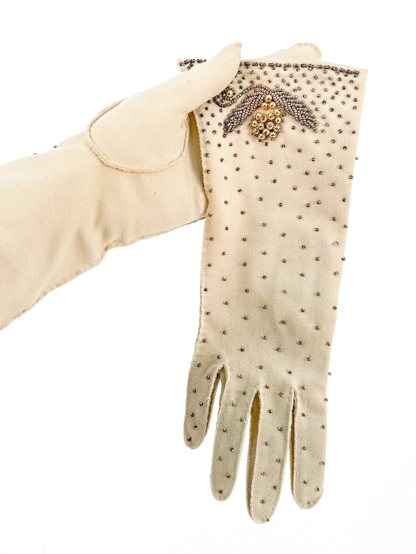 1950s Taupe Beaded Gloves / Size 7 1/2