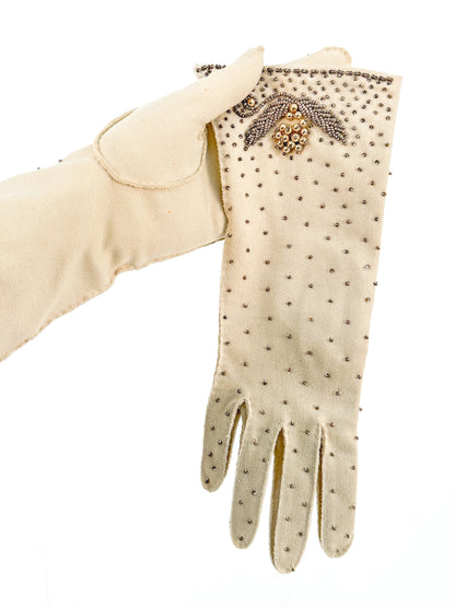 1950s Taupe Beaded Gloves / Size 7 1/2
