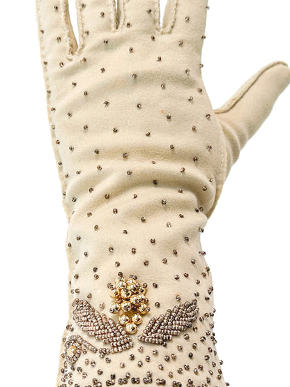1950s Taupe Beaded Gloves / Size 7 1/2