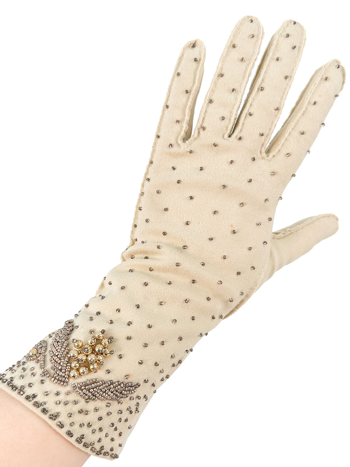 1950s Taupe Beaded Gloves / Size 7 1/2