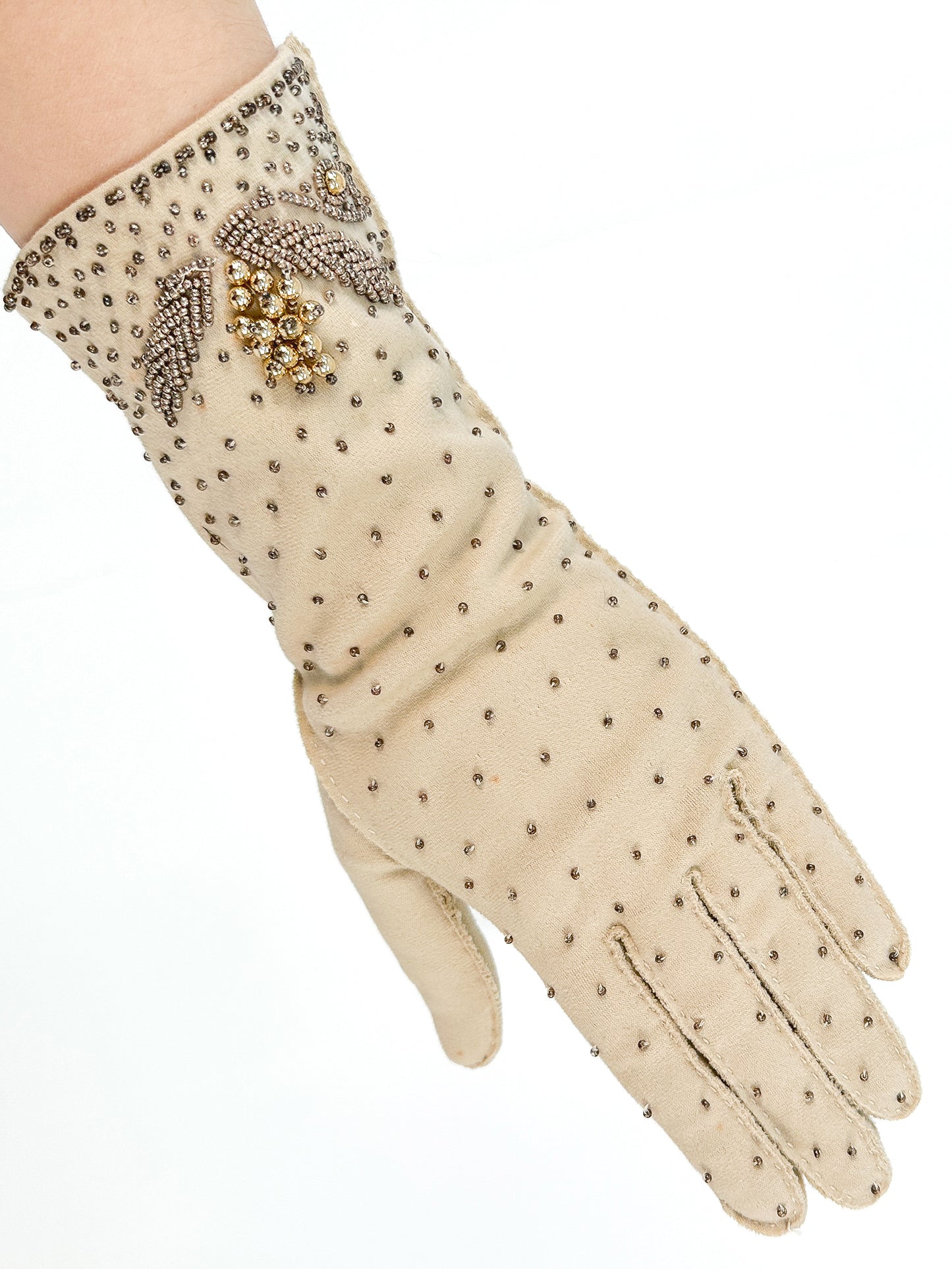 1950s Taupe Beaded Gloves / Size 7 1/2