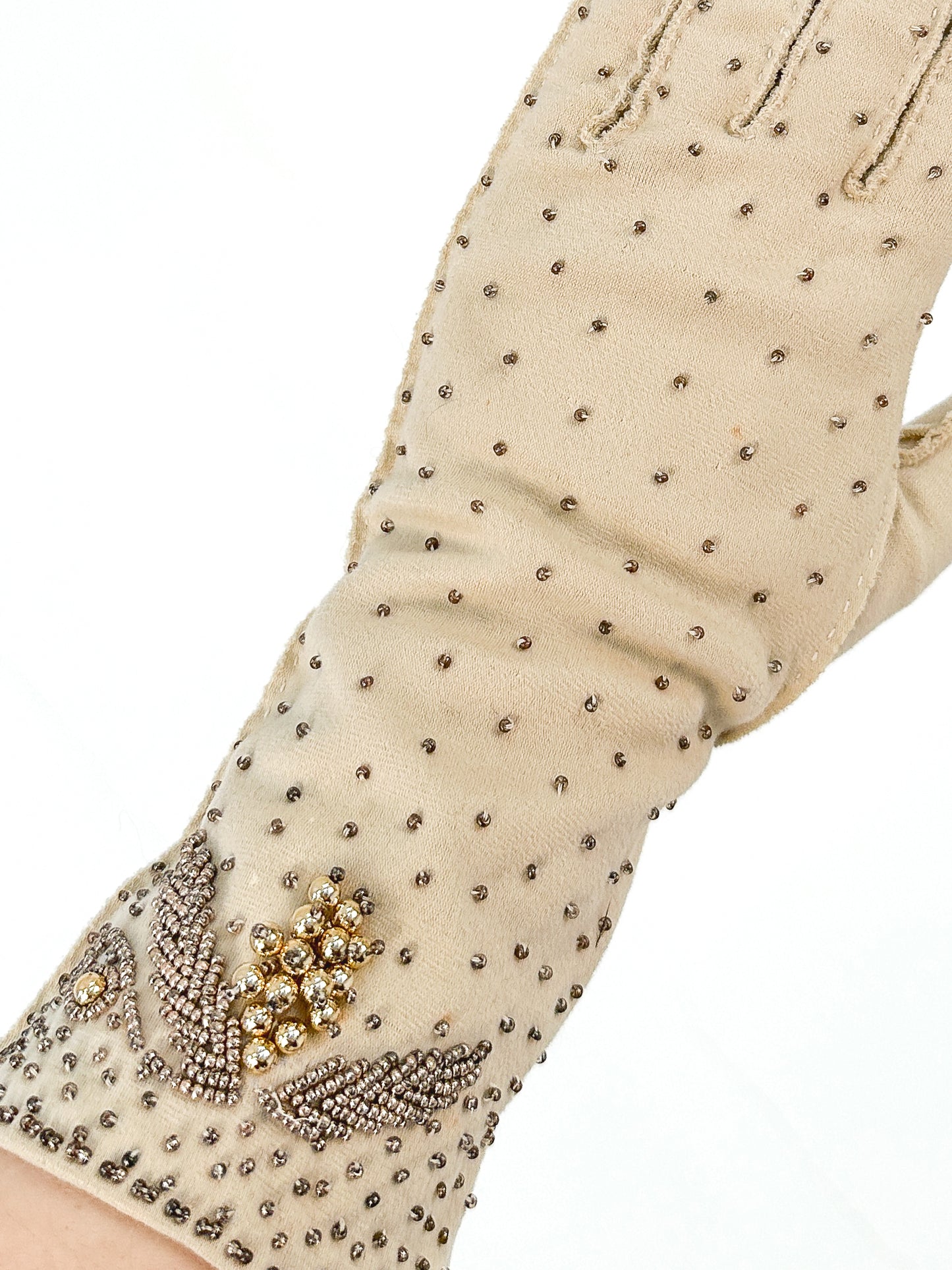 1950s Taupe Beaded Gloves / Size 7 1/2