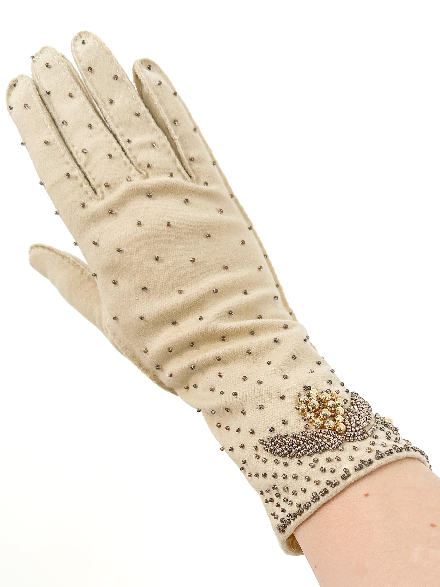 1950s Taupe Beaded Gloves / Size 7 1/2