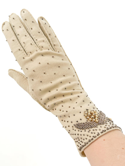 1950s Taupe Beaded Gloves / Size 7 1/2
