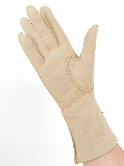 1950s Taupe Beaded Gloves / Size 7 1/2