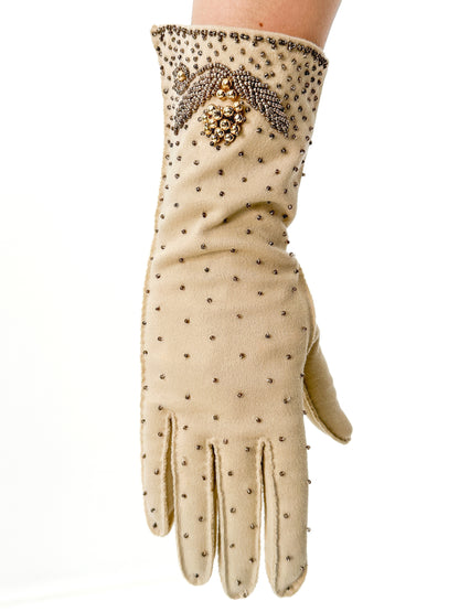 1950s Taupe Beaded Gloves / Size 7 1/2