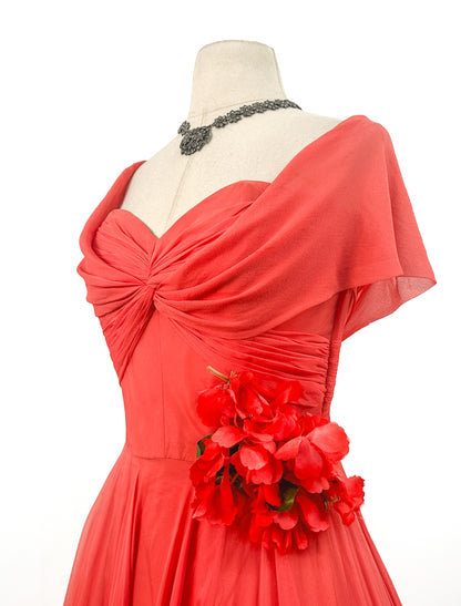 1950s Hibiscus Silk Chiffon Summer Dress / Waist 26