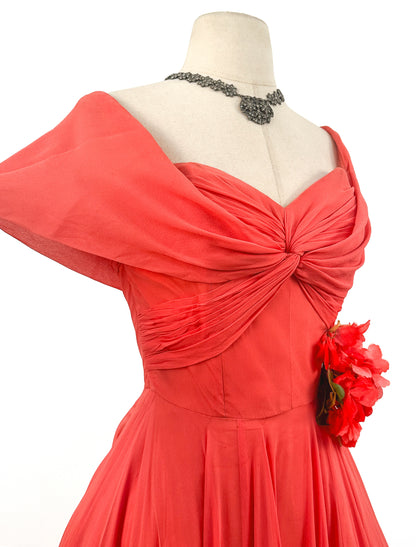 1950s Hibiscus Silk Chiffon Summer Dress / Waist 26