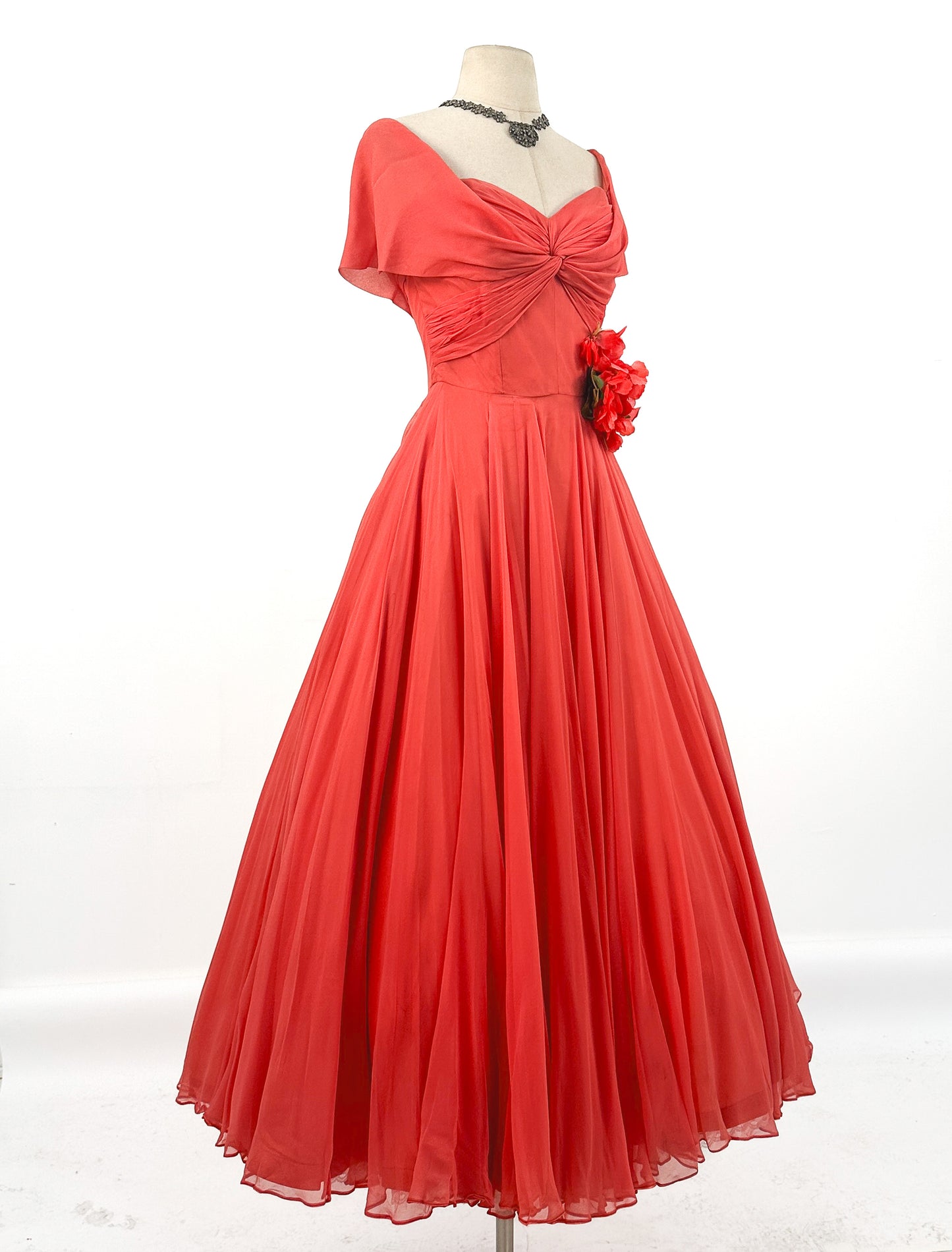 1950s Hibiscus Silk Chiffon Summer Dress / Waist 26