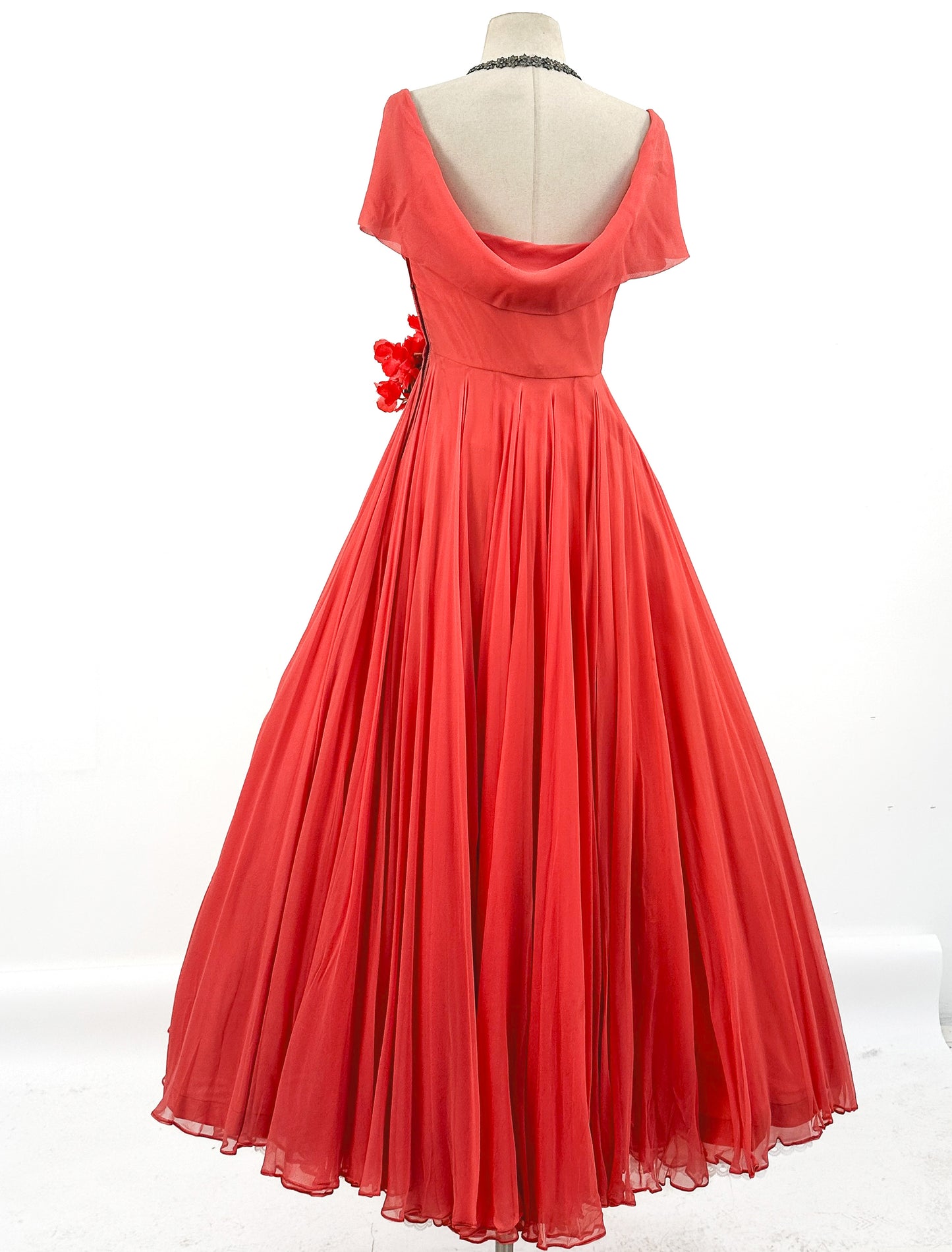 1950s Hibiscus Silk Chiffon Summer Dress / Waist 26