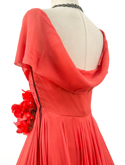 1950s Hibiscus Silk Chiffon Summer Dress / Waist 26