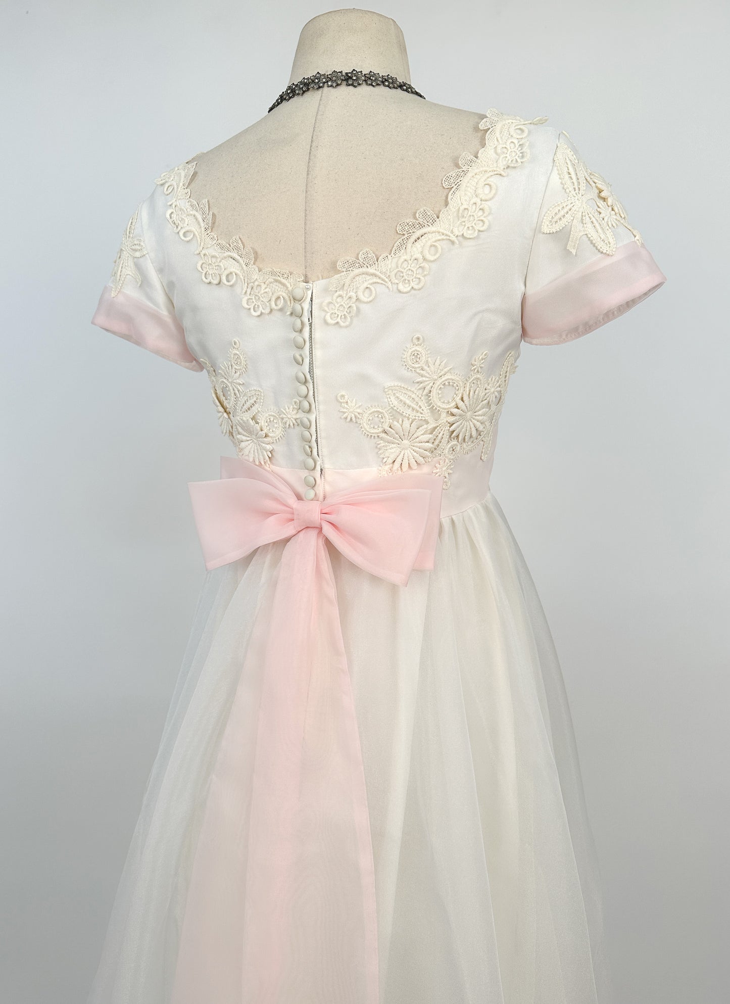 1960s Fairytale Wedding Dress with Pale Pink Trim and Bow / Waist 26