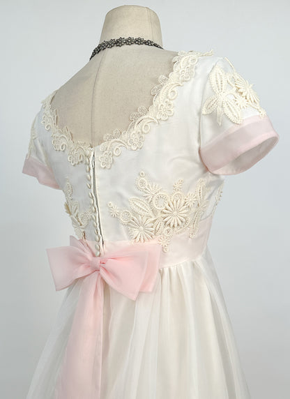 1960s Fairytale Wedding Dress with Pale Pink Trim and Bow / Waist 26