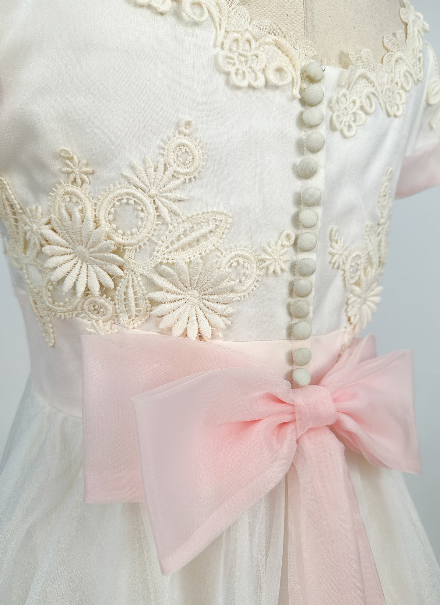 1960s Fairytale Wedding Dress with Pale Pink Trim and Bow / Waist 26