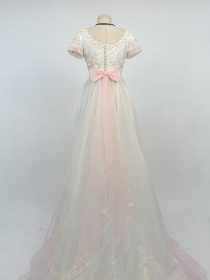 1960s Fairytale Wedding Dress with Pale Pink Trim and Bow / Waist 26
