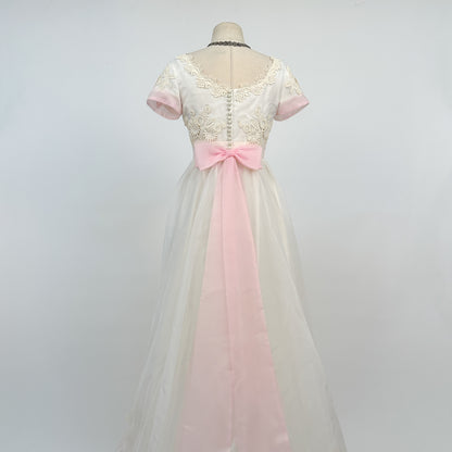 1960s Fairytale Wedding Dress with Pale Pink Trim and Bow / Waist 26