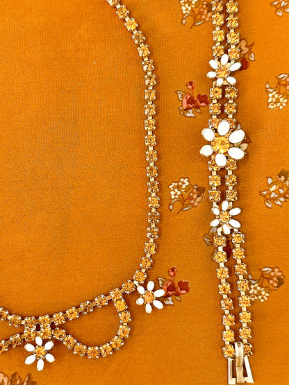 1950-60s Amber Rhinestone and Enamel Daisy Necklace/Bracelet Set