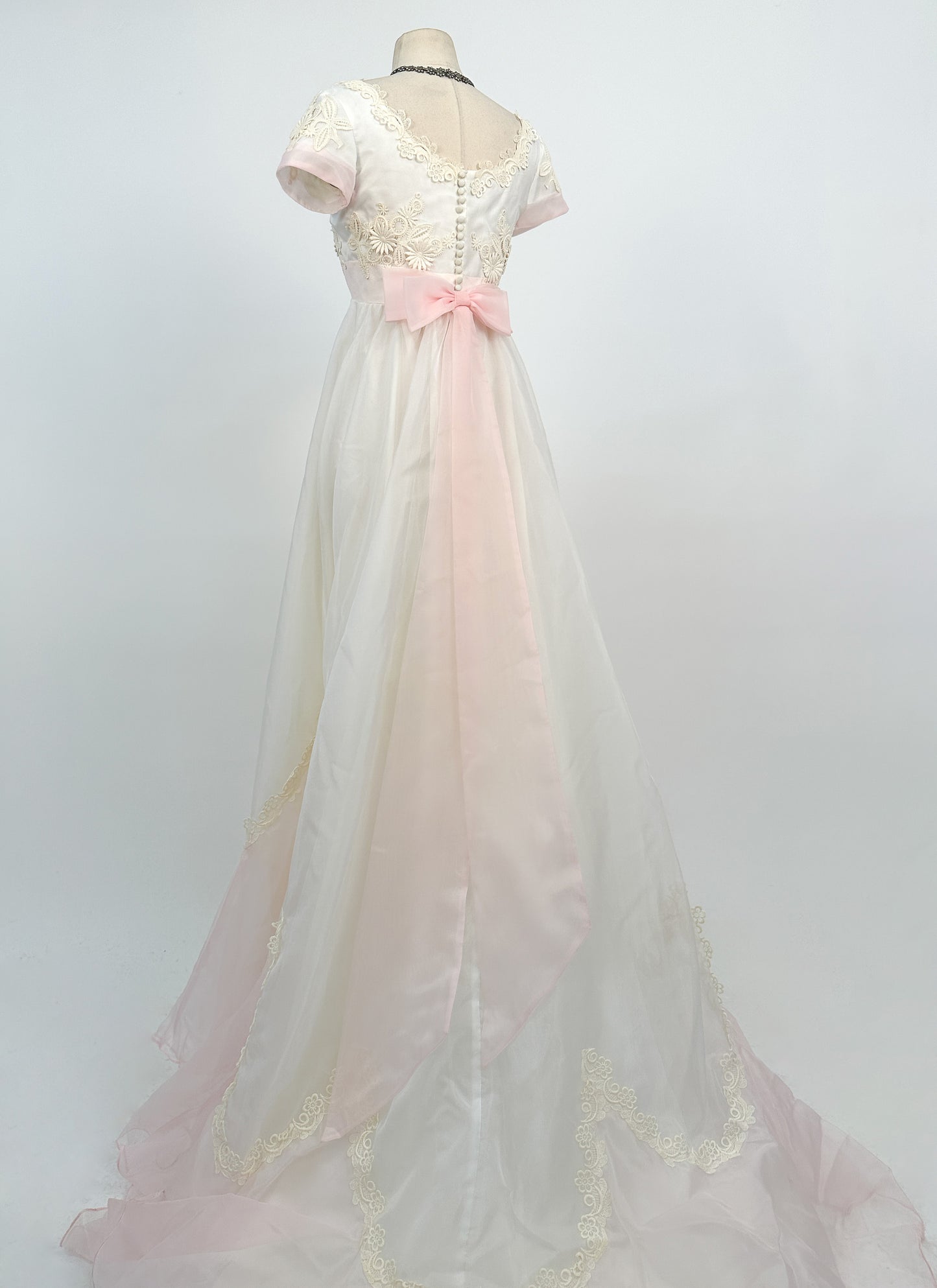 1960s Fairytale Wedding Dress with Pale Pink Trim and Bow / Waist 26