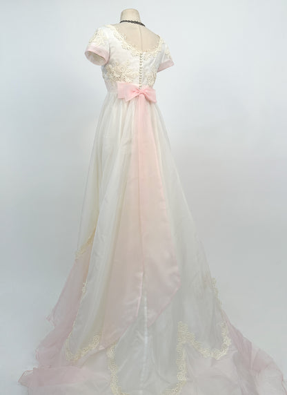 1960s Fairytale Wedding Dress with Pale Pink Trim and Bow / Waist 26