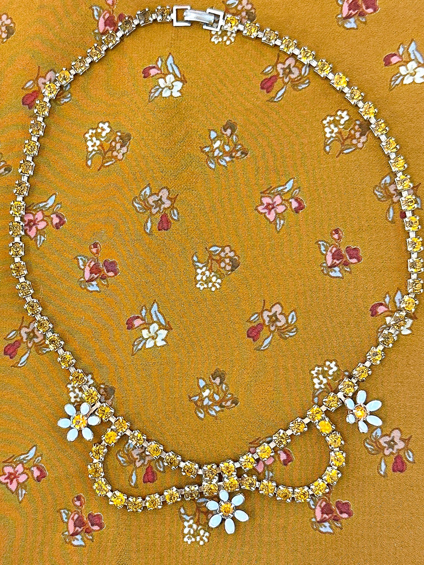 1950-60s Amber Rhinestone and Enamel Daisy Necklace/Bracelet Set