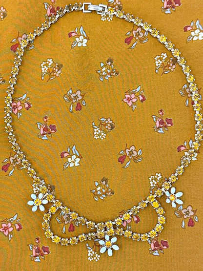 1950-60s Amber Rhinestone and Enamel Daisy Necklace/Bracelet Set