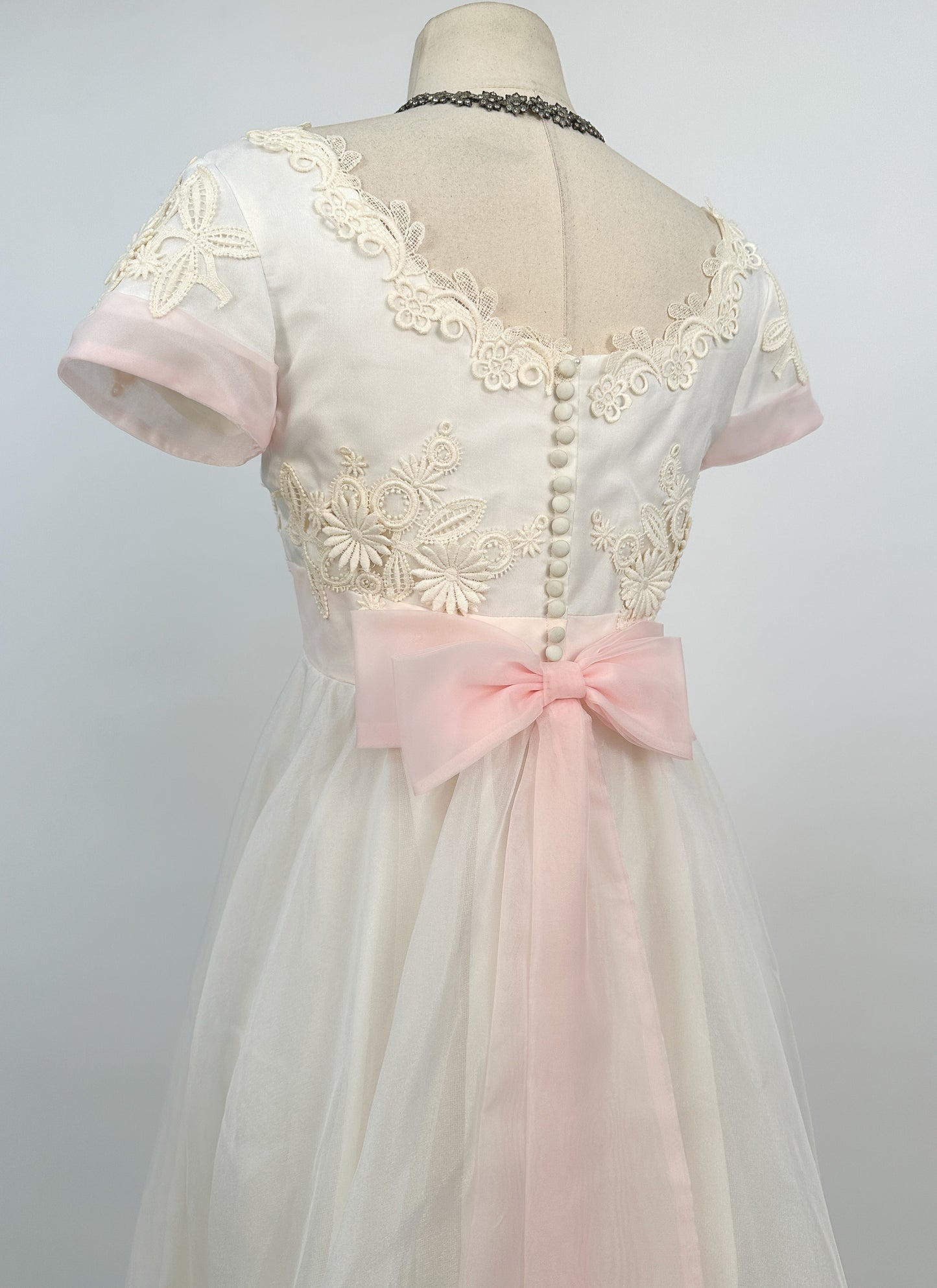 1960s Fairytale Wedding Dress with Pale Pink Trim and Bow / Waist 26