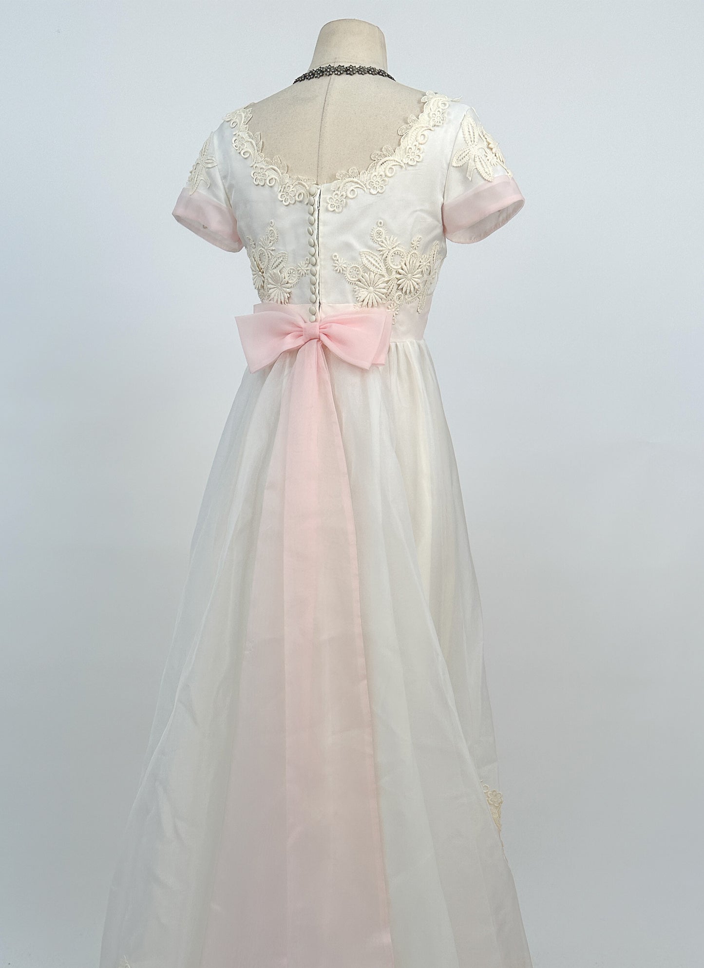 1960s Fairytale Wedding Dress with Pale Pink Trim and Bow / Waist 26