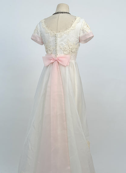 1960s Fairytale Wedding Dress with Pale Pink Trim and Bow / Waist 26