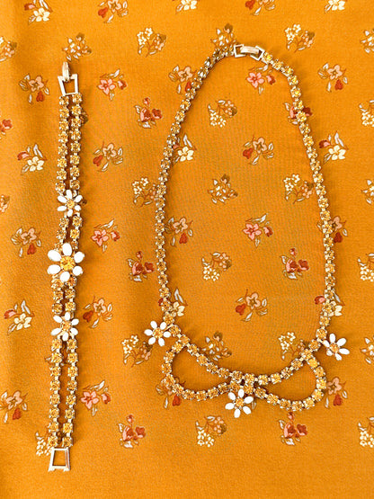 1950-60s Amber Rhinestone and Enamel Daisy Necklace/Bracelet Set