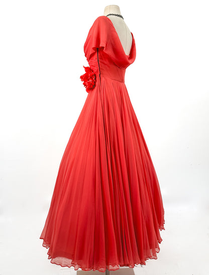 1950s Hibiscus Silk Chiffon Summer Dress / Waist 26