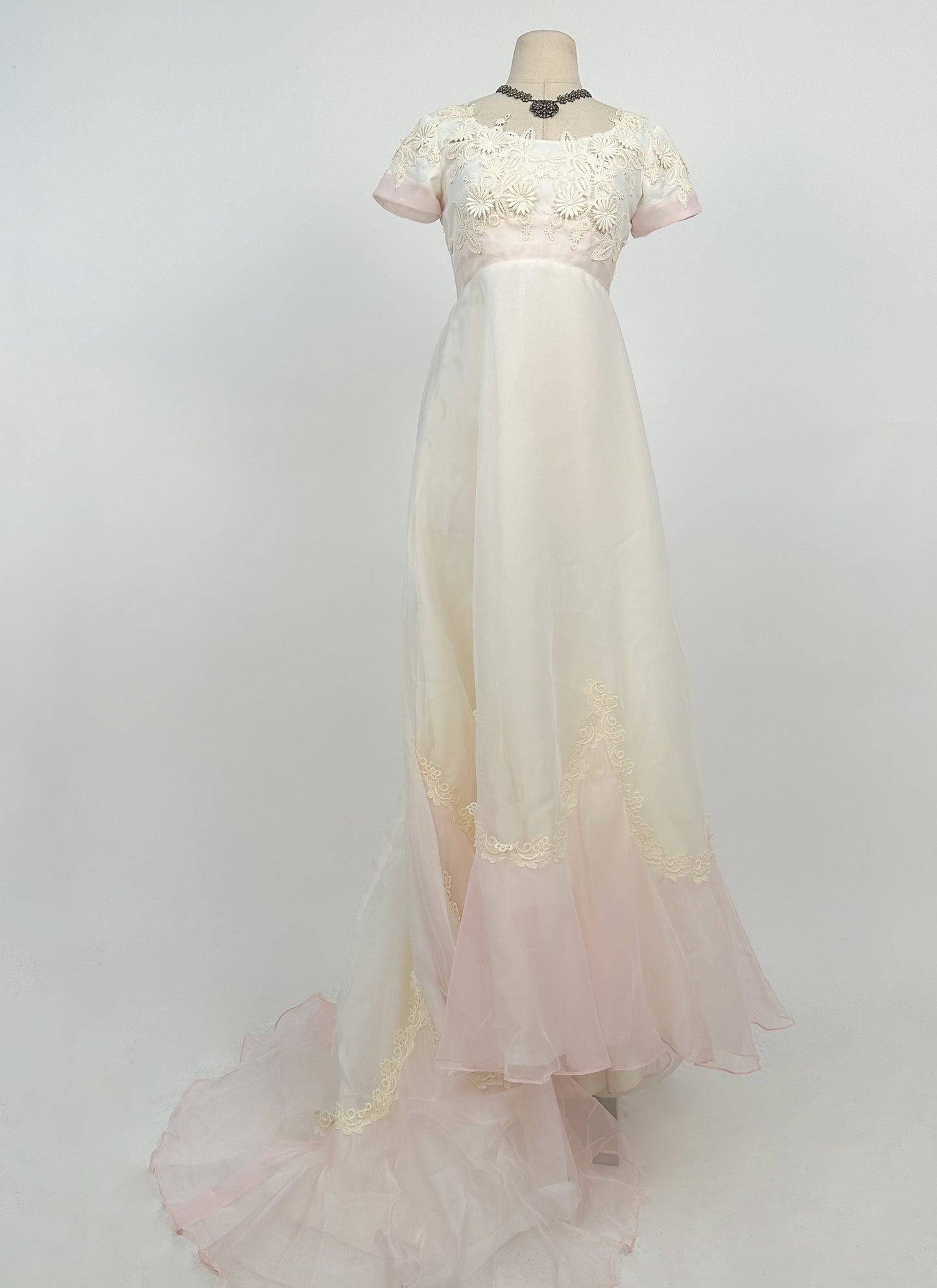 1960s Fairytale Wedding Dress with Pale Pink Trim and Bow / Waist 26