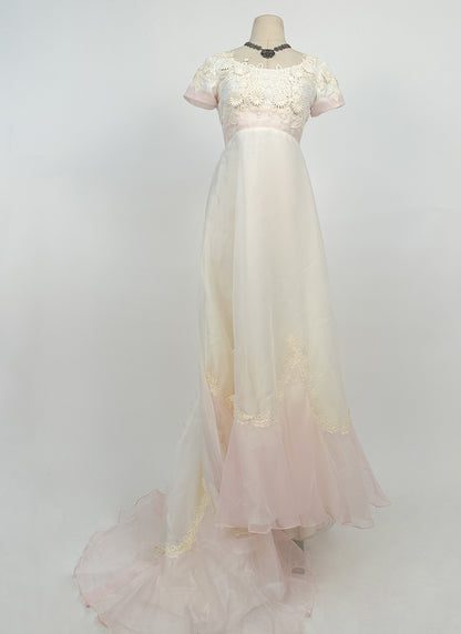 1960s Fairytale Wedding Dress with Pale Pink Trim and Bow / Waist 26
