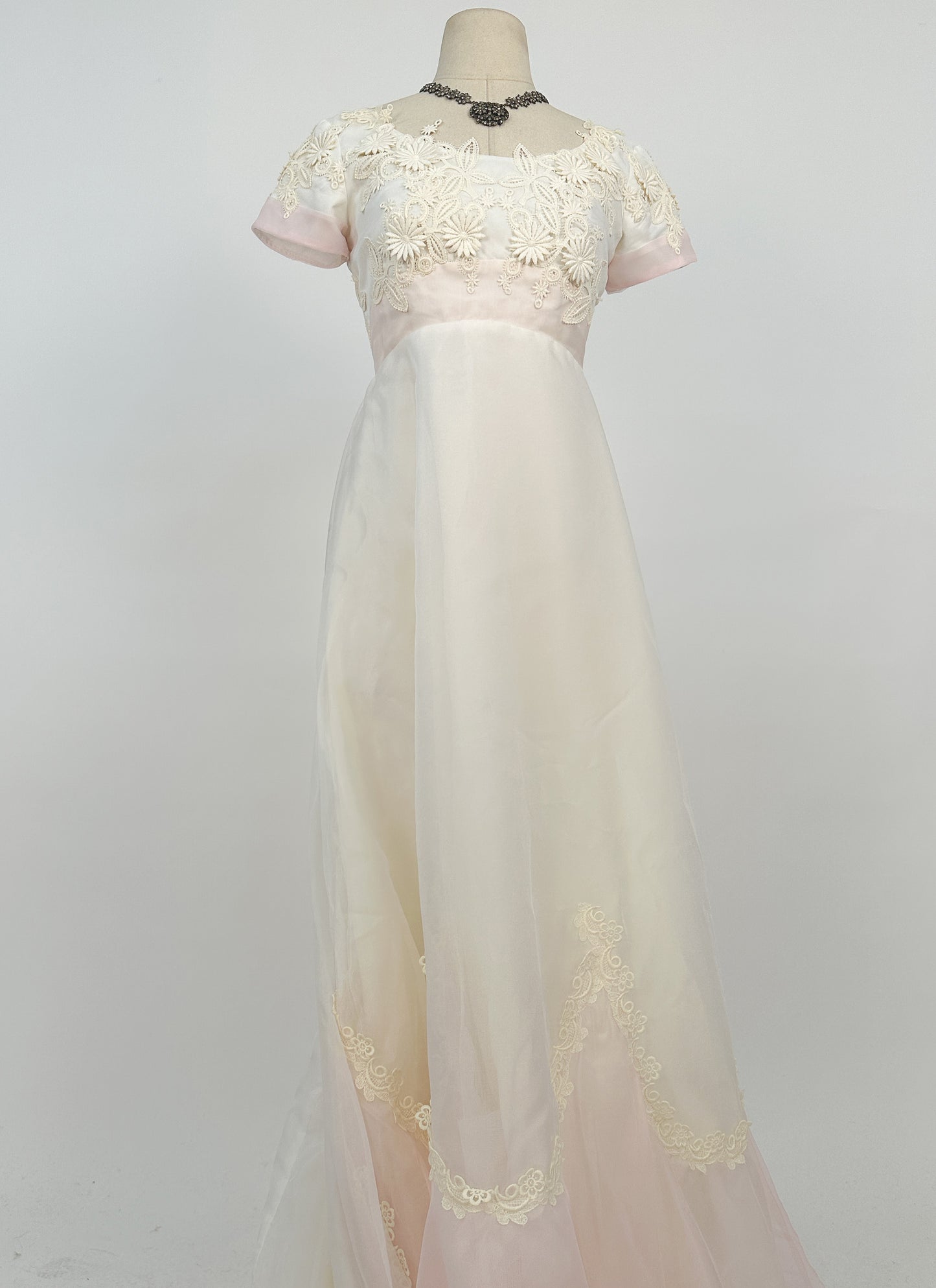 1960s Fairytale Wedding Dress with Pale Pink Trim and Bow / Waist 26