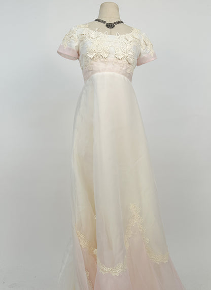 1960s Fairytale Wedding Dress with Pale Pink Trim and Bow / Waist 26