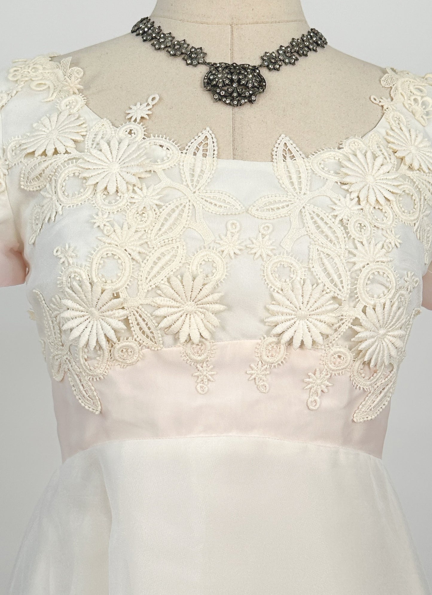 1960s Fairytale Wedding Dress with Pale Pink Trim and Bow / Waist 26