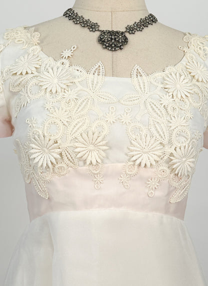 1960s Fairytale Wedding Dress with Pale Pink Trim and Bow / Waist 26