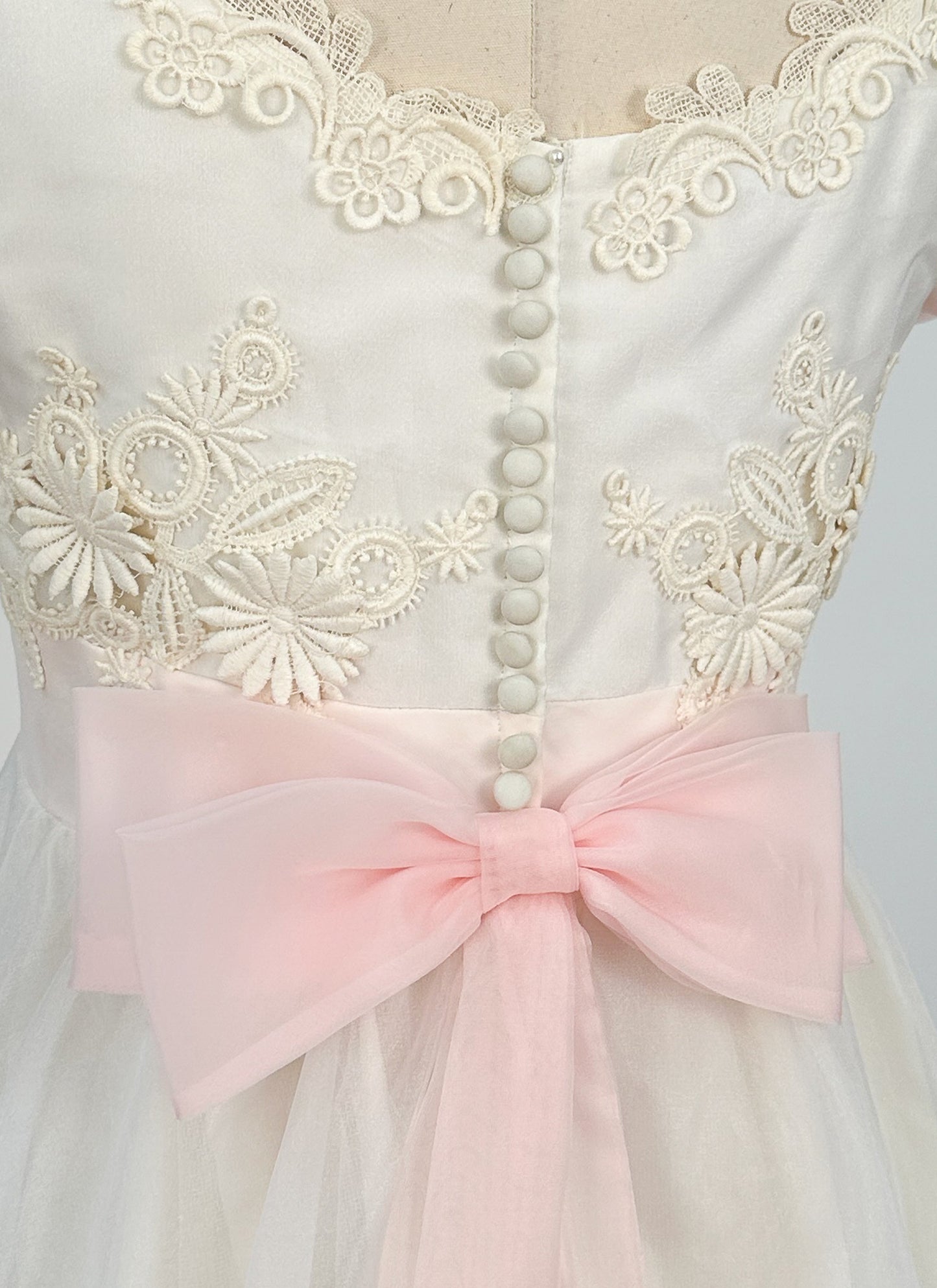 1960s Fairytale Wedding Dress with Pale Pink Trim and Bow / Waist 26