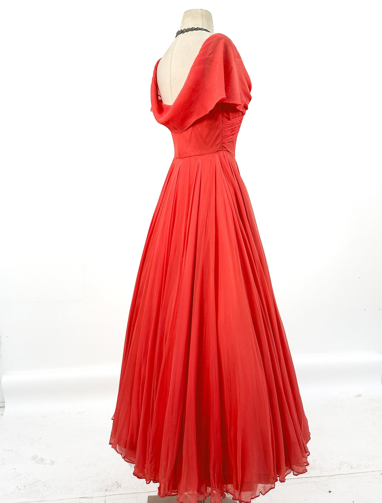 1950s Hibiscus Silk Chiffon Summer Dress / Waist 26