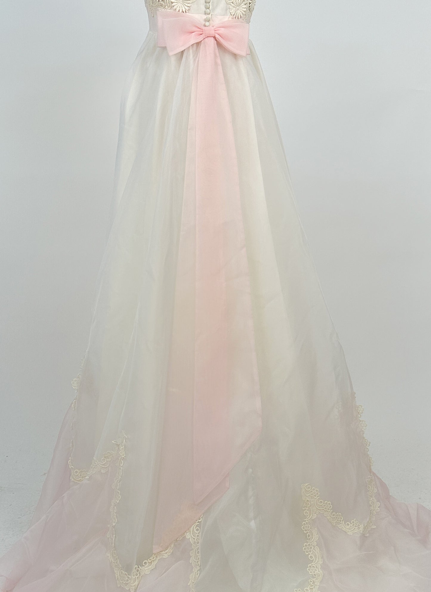 1960s Fairytale Wedding Dress with Pale Pink Trim and Bow / Waist 26