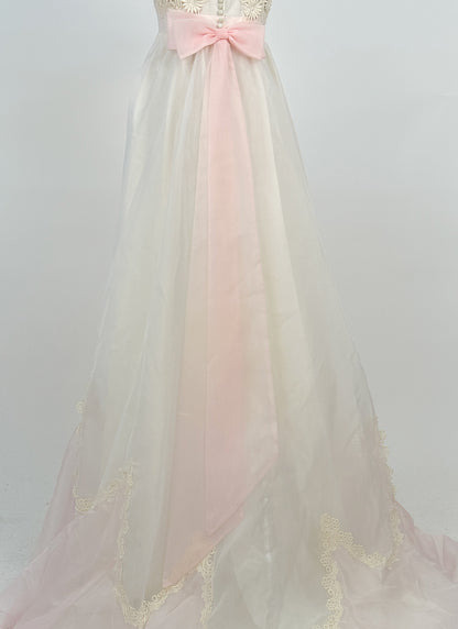 1960s Fairytale Wedding Dress with Pale Pink Trim and Bow / Waist 26
