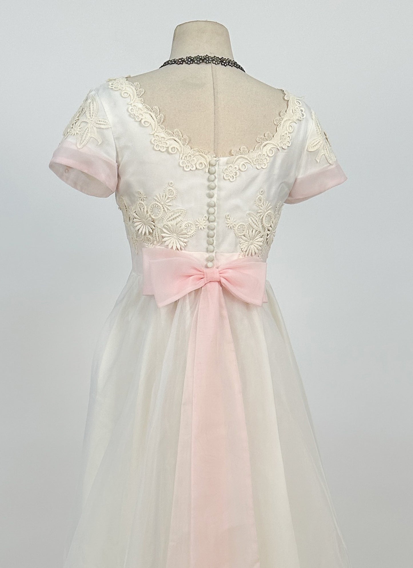 1960s Fairytale Wedding Dress with Pale Pink Trim and Bow / Waist 26