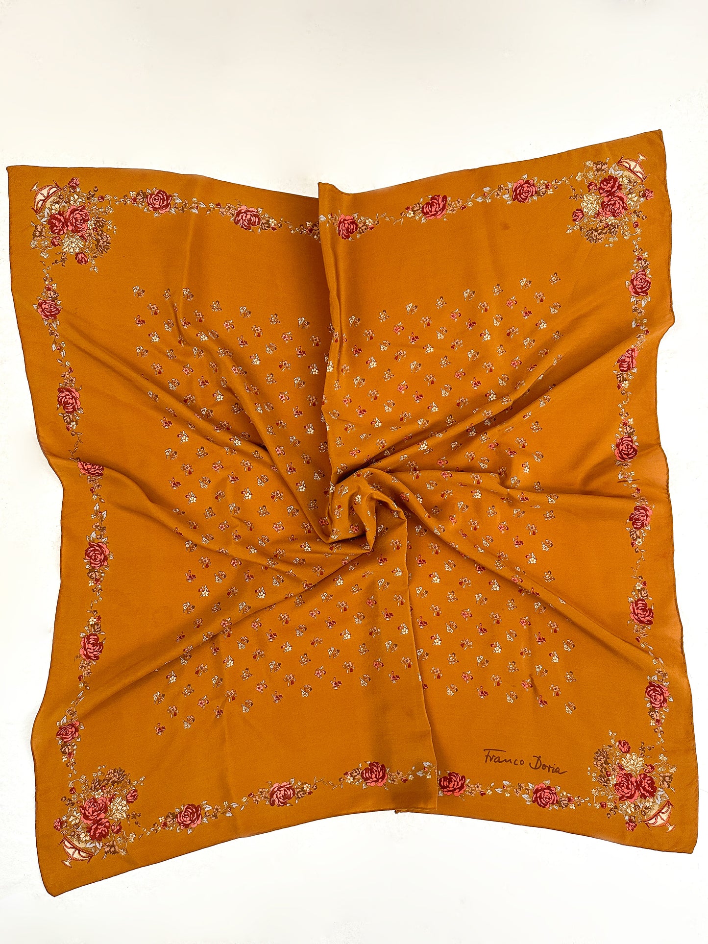 1970s Copper Silk Fall Floral Scarf