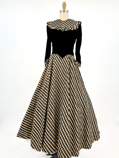 1940s Black Velvet and Plaid Taffeta Gown / Waist 24