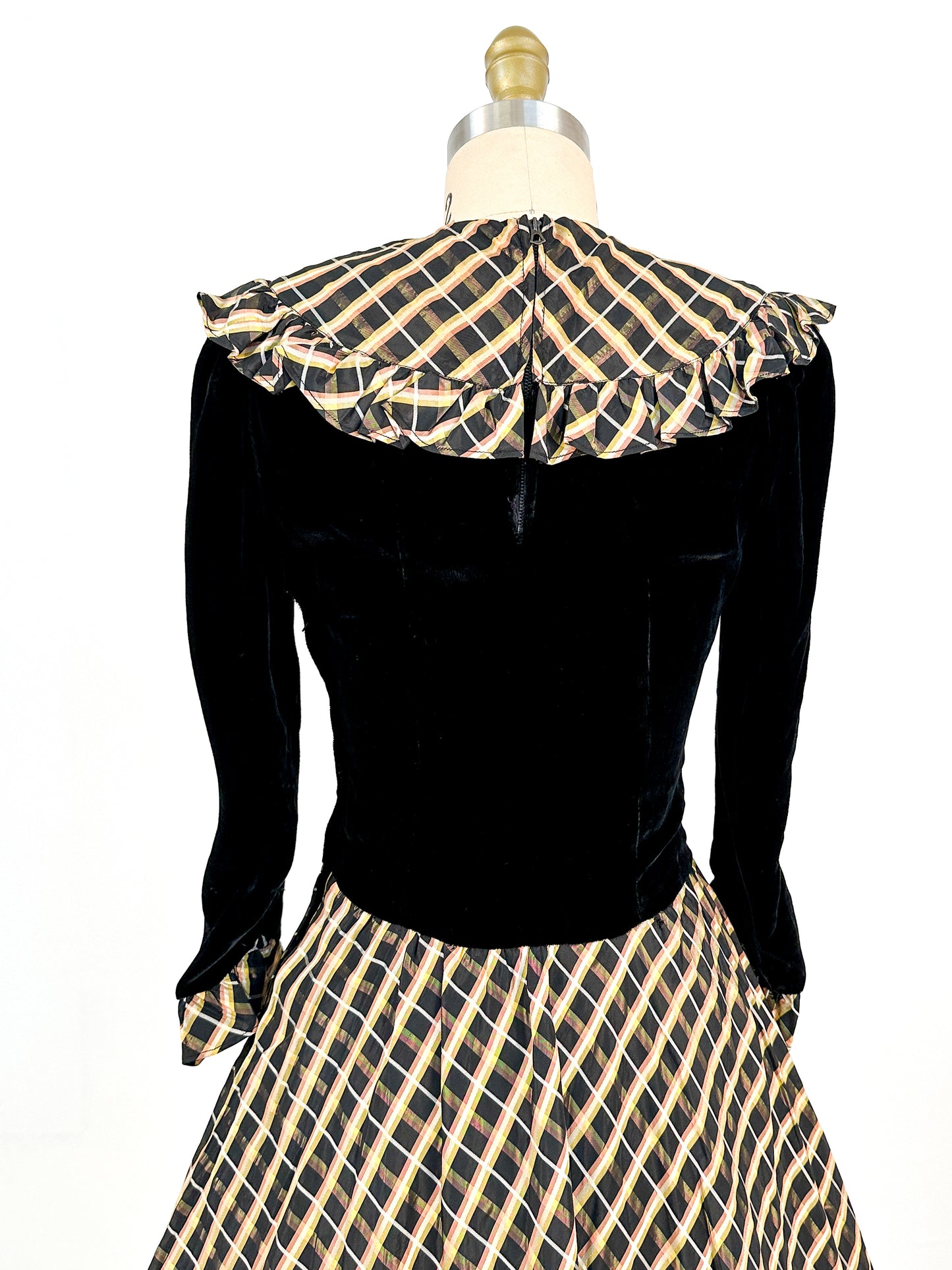 1940s Black Velvet and Plaid Taffeta Gown / Waist 24